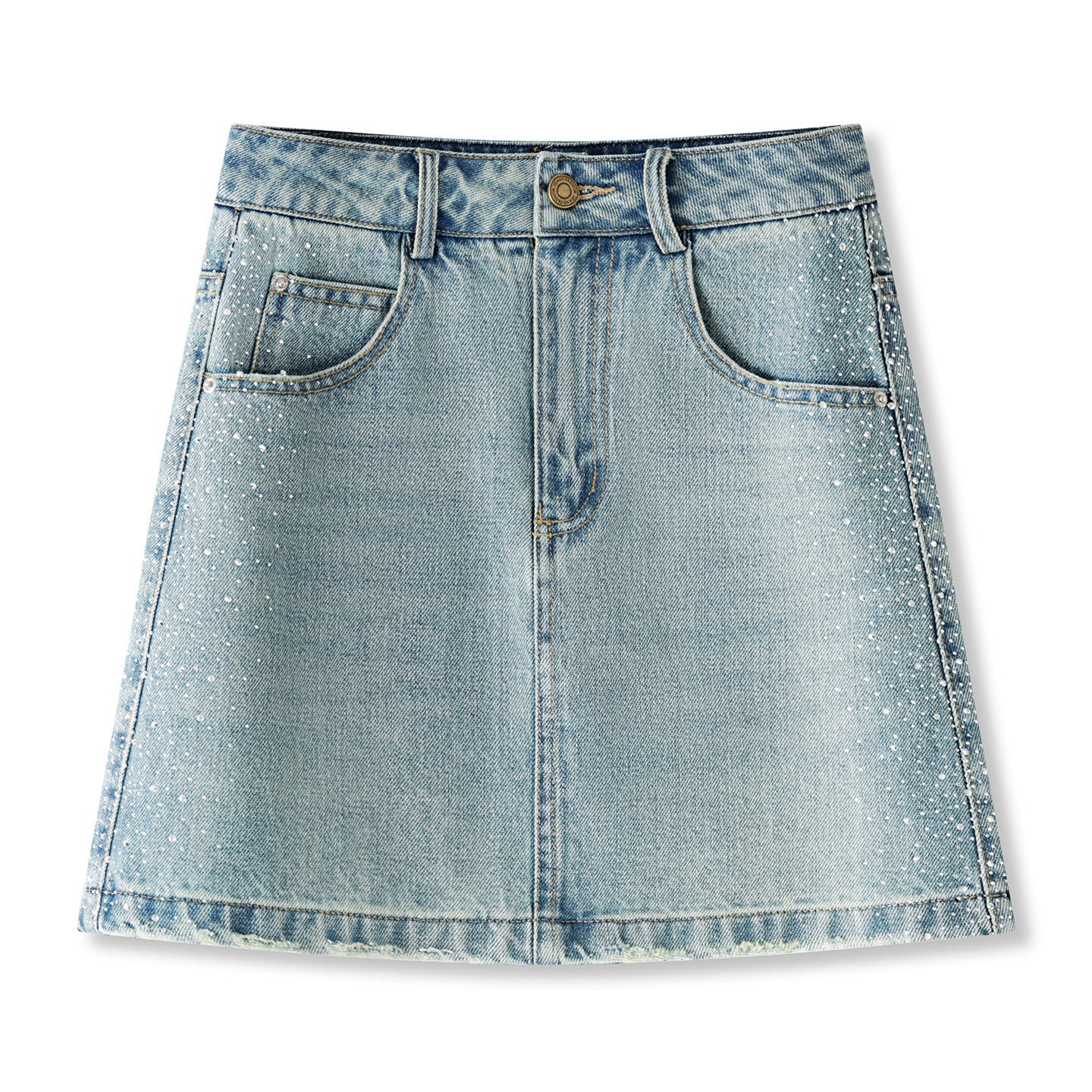 Women's high-waisted, washed blue denim mini skirt with rhinestone details and frayed edges; versatile and stylish.