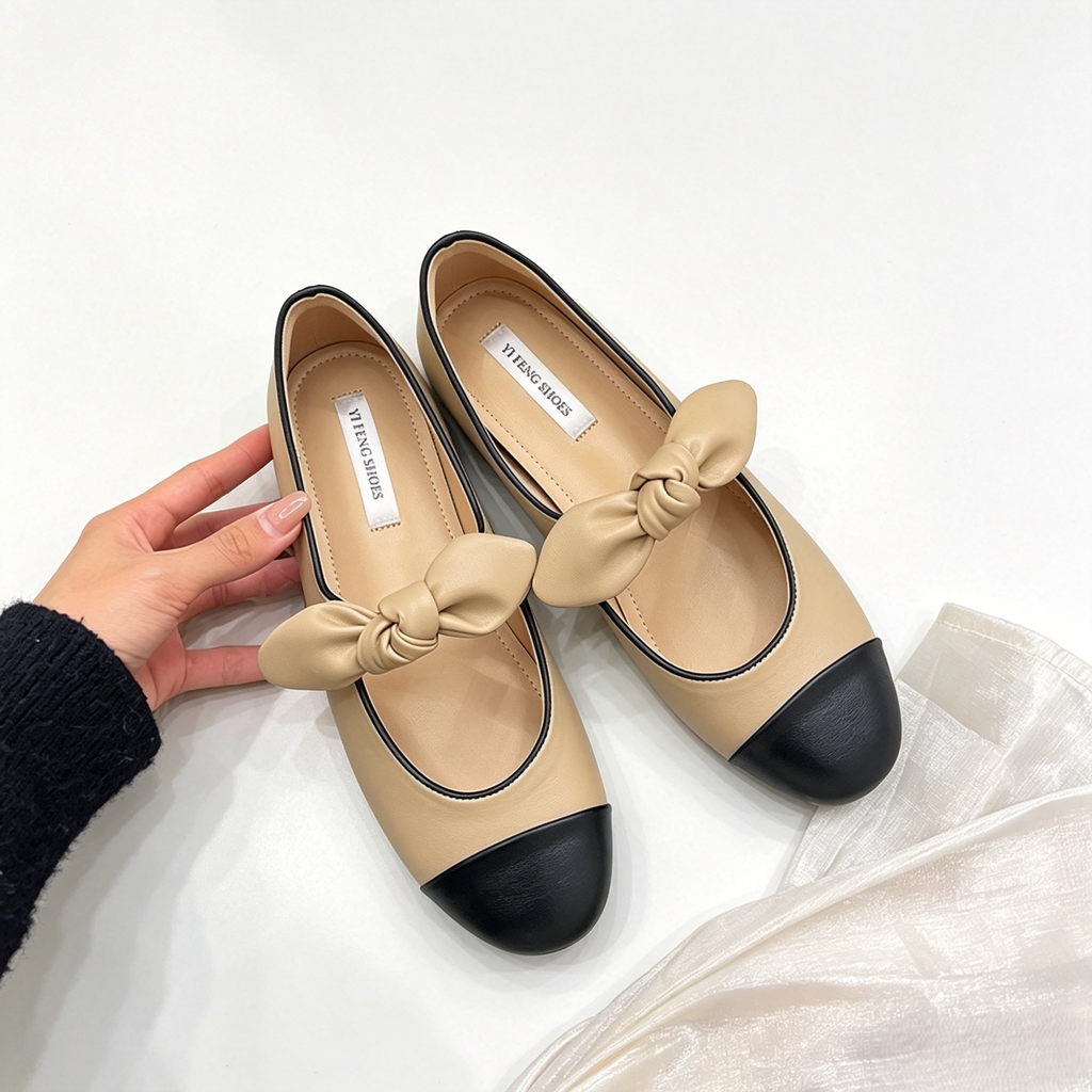 Chanel-inspired color-blocked Mary Jane shoes with bow, flat, soft sole, low-cut, versatile single shoe.