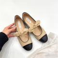 Chanel-inspired color-blocked Mary Jane shoes with bow, flat, soft sole, low-cut, versatile single shoe.