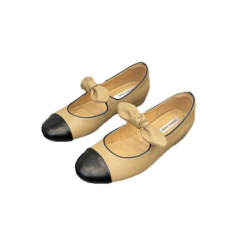 Chanel-inspired color-blocked Mary Jane shoes with bow, flat, soft sole, low-cut, versatile single shoe.