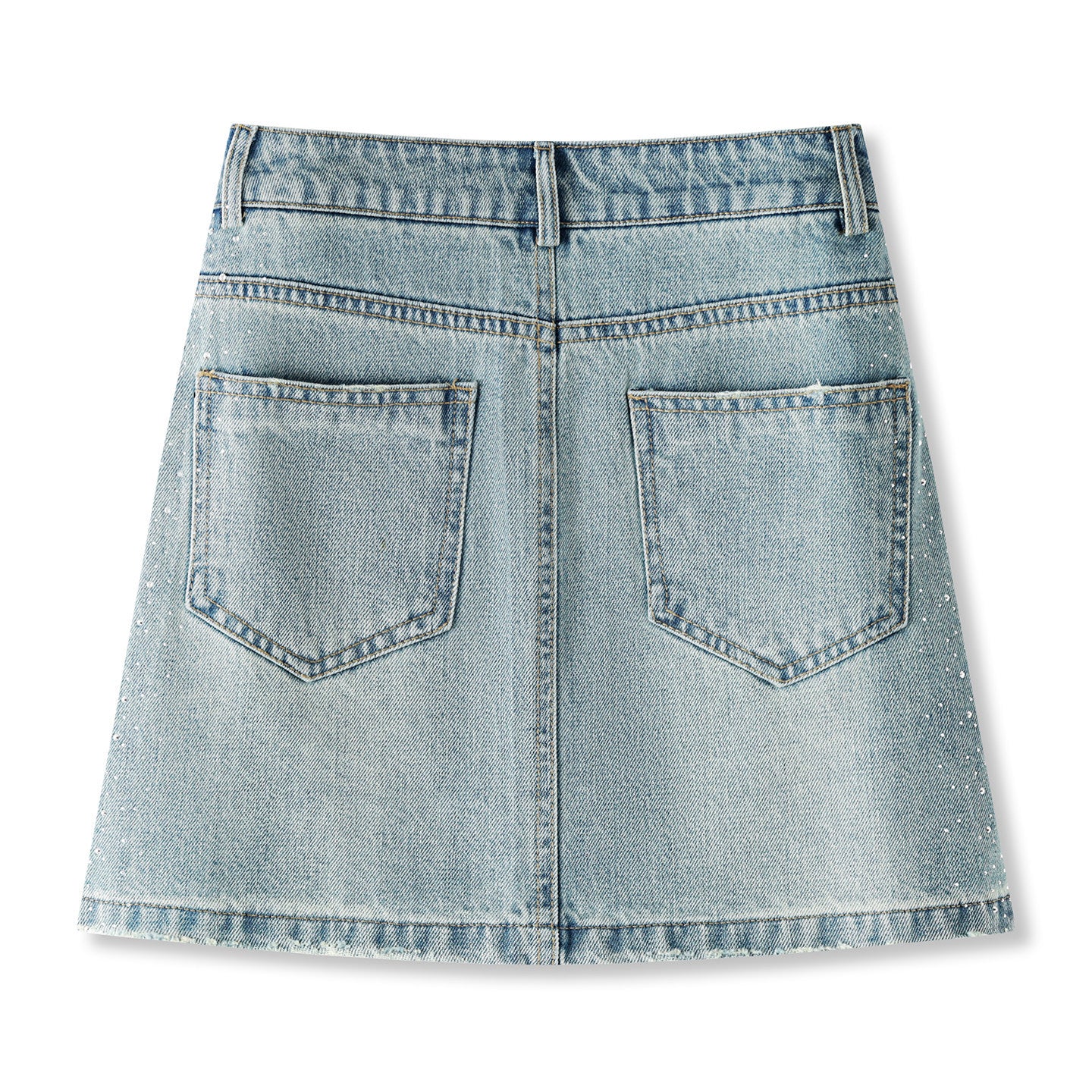 Women's high-waisted, washed blue denim mini skirt with rhinestone details and frayed edges; versatile and stylish.