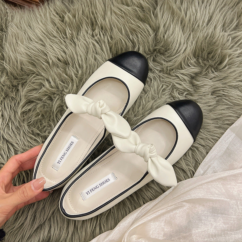 Chanel-inspired color-blocked Mary Jane shoes with bow, flat, soft sole, low-cut, versatile single shoe.