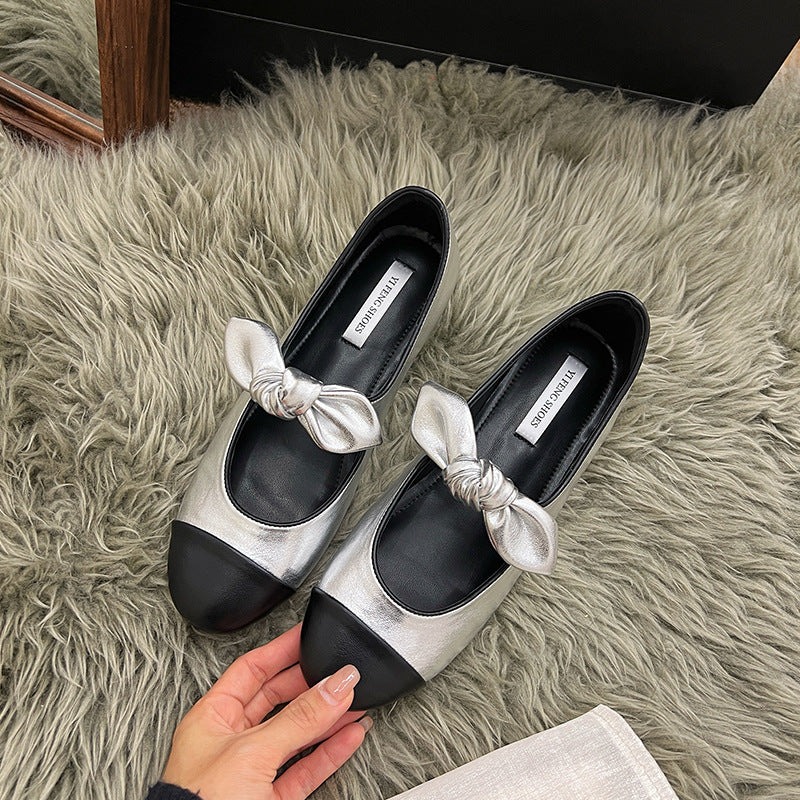 Chanel-inspired color-blocked Mary Jane shoes with bow, flat, soft sole, low-cut, versatile single shoe.