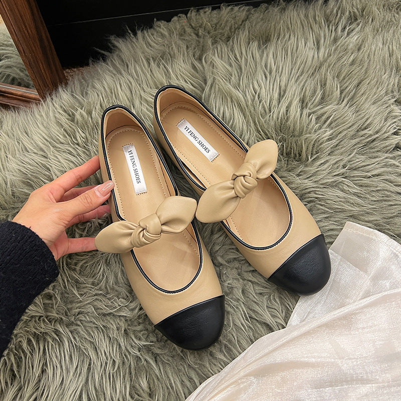 Chanel-inspired color-blocked Mary Jane shoes with bow, flat, soft sole, low-cut, versatile single shoe.