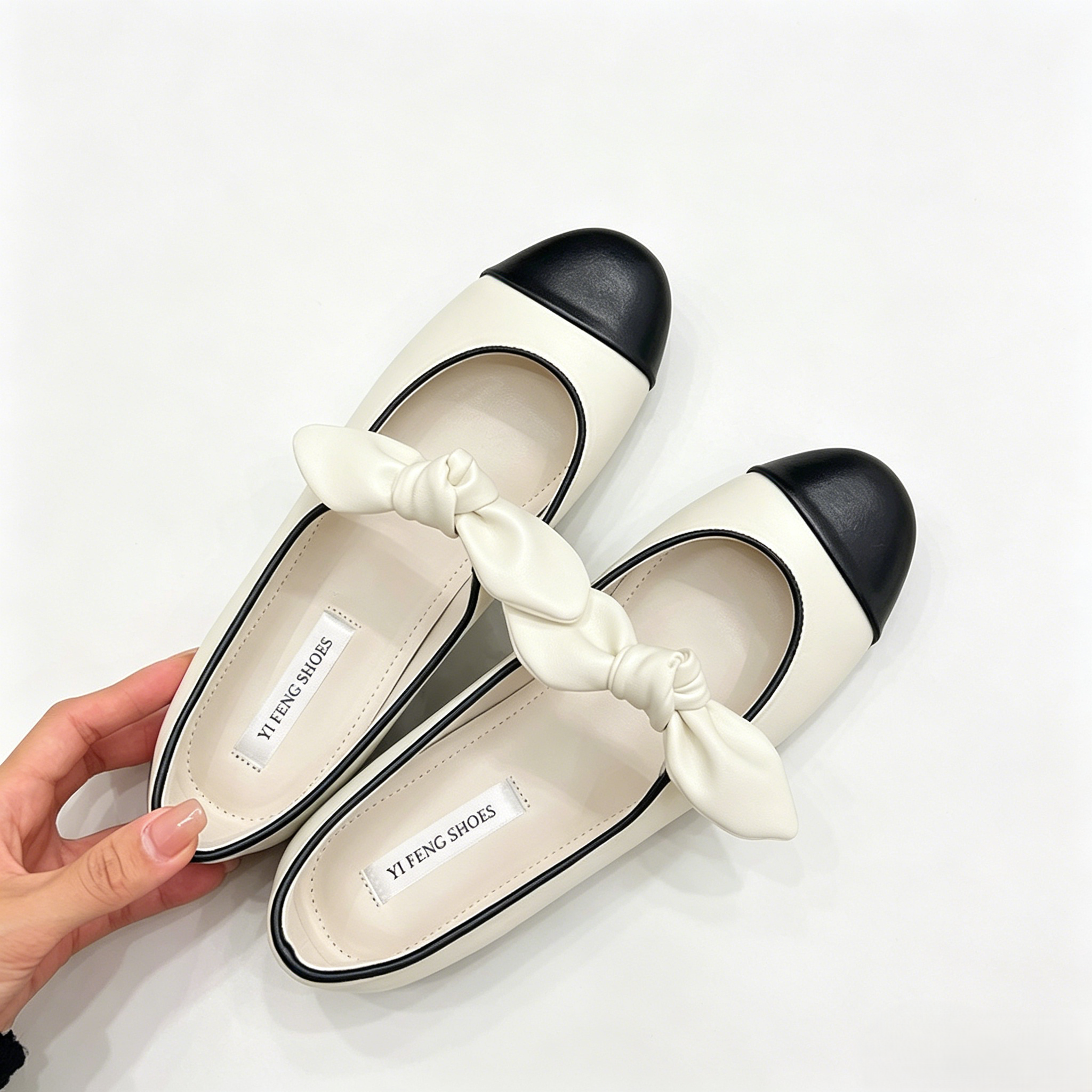 Chanel-inspired color-blocked Mary Jane shoes with bow, flat, soft sole, low-cut, versatile single shoe.